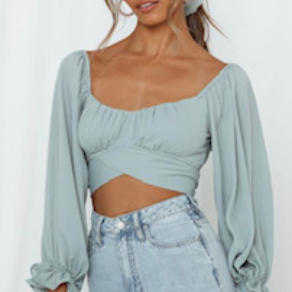 Beginning Boutique -Pistachio Ruched, On/Off Shoulder Long Sleeve Crop, Size 12